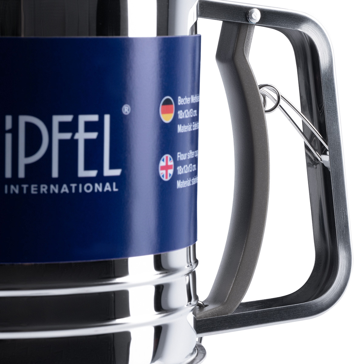 картинка 5476 GIPFEL Кружка-сито для просеивания муки, 18х12х13. Материал: нерж. сталь, пластик. Цвет ручки фиолетовый. от магазина Gipfel