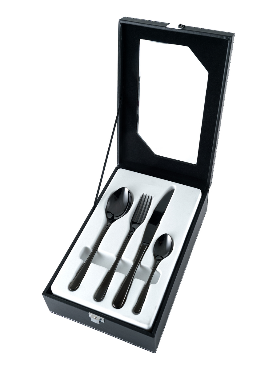 картинка 8482 GIPFEL Набор столовых приборов 24 предмета премиального класса в кожаном футляре. Материал: нерж. сталь 18/10. Покрытие: PVD вакуумное напыление. Цвет: черный от магазина Gipfel