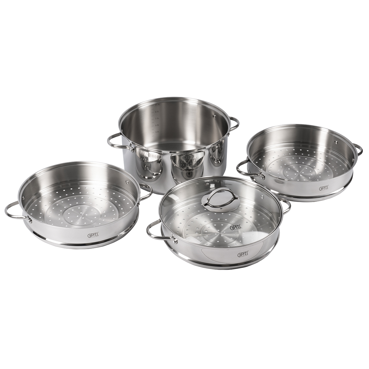 картинка 1813 GIPFEL Пароварка трёхъярусная DONELLA 32х16 см, 11л со стеклянной крышкой. Материал: нерж. сталь 304 от магазина Gipfel