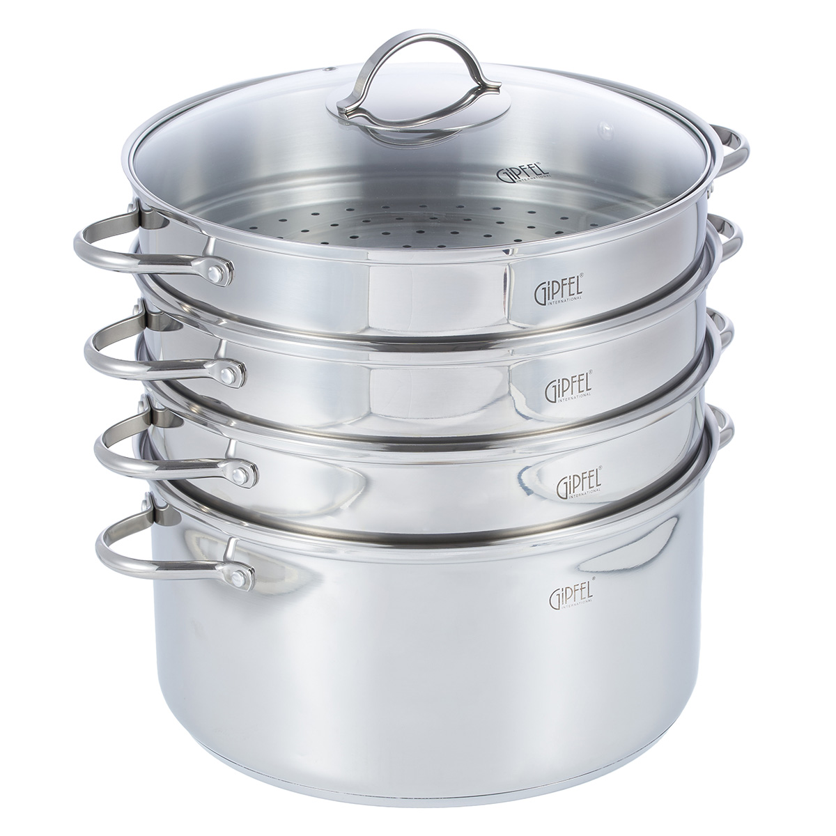картинка 1813 GIPFEL Пароварка трёхъярусная DONELLA 32х16 см, 11л со стеклянной крышкой. Материал: нерж. сталь 304 от магазина Gipfel