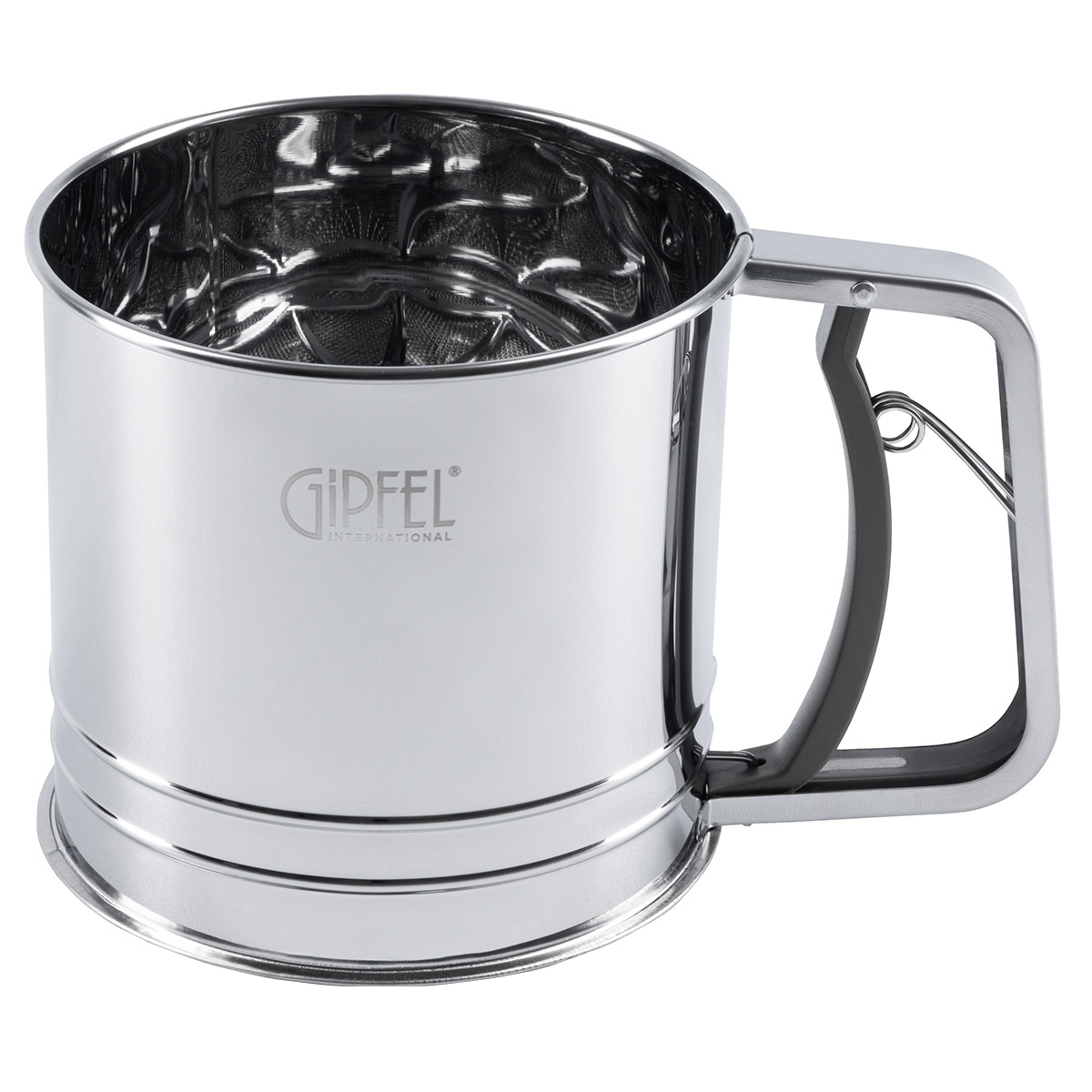 картинка 5476 GIPFEL Кружка-сито для просеивания муки, 18х12х13. Материал: нерж. сталь, пластик. Цвет ручки фиолетовый. от магазина Gipfel