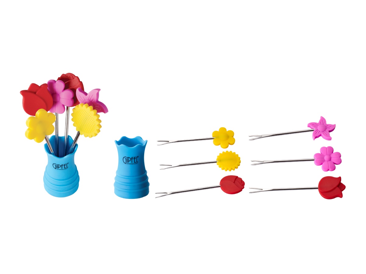 картинка 2859 GIPFEL Набор вилок для фруктов 6пр 2,7х10,2см с держателем, цветочной коллекции Материал: S/S #430, FDA силикон от магазина Gipfel