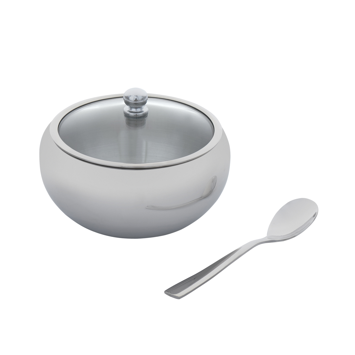 картинка 7110 GIPFEL Сахарница с крышкой и ложкой, 600мл. Размер: 130х95мм. Материал: нерж.сталь 18/8, закаленое стекло от магазина Gipfel