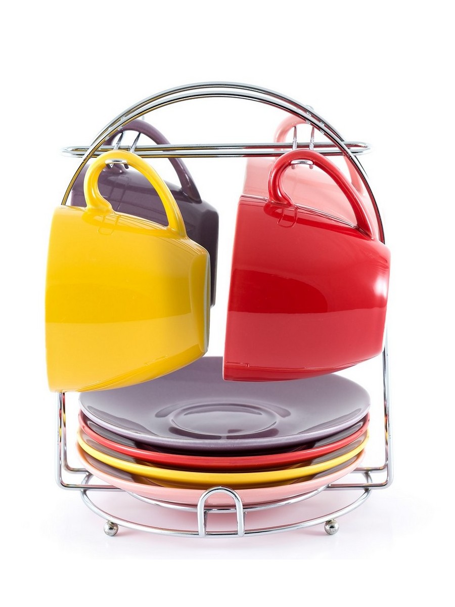 картинка 7900 GIPFEL Набор из 4 чашек и 4 блюдец на металлической подставке. Материал: керамика. Цвета: розовый, фиолетовый, красный, желтый от магазина Gipfel