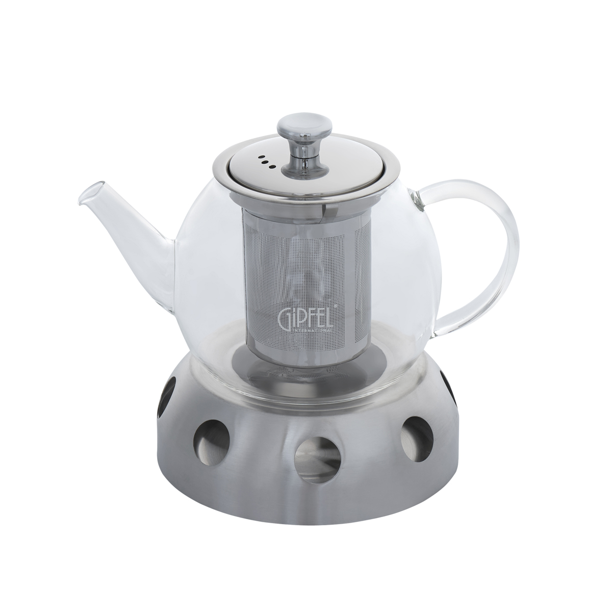 картинка 7085 GIPFEL Чайник заварочный 1000мл с подставкой для подгрева от свечи. Материал: боросиликатное стекло. Ситечко, крышка, подставка нержавеющая сталь. от магазина Gipfel