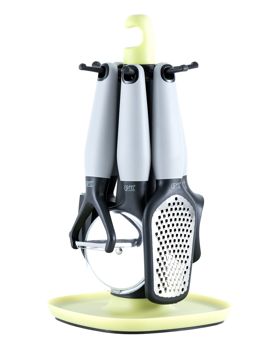 картинка 6354 GIPFEL Набор кухонных принадлежностей на подставке, 7 предметов.  Покрытие ручек "Soft-touch". Материал: пластик, нерж. сталь. Цвет ручки: серый. Цвет подставки: зеленый. от магазина Gipfel